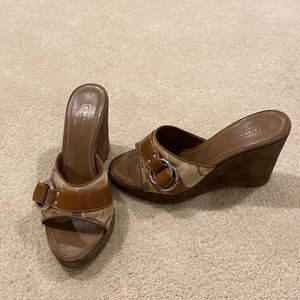 Coach brown monogram suede wedge slides